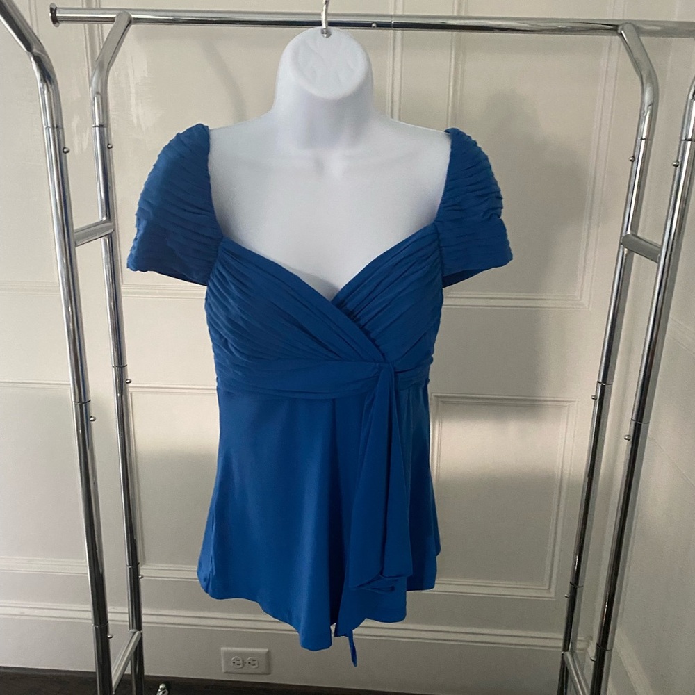 BCBGMaxAzria Royal Blue Pleated Wrap-Style Blouse